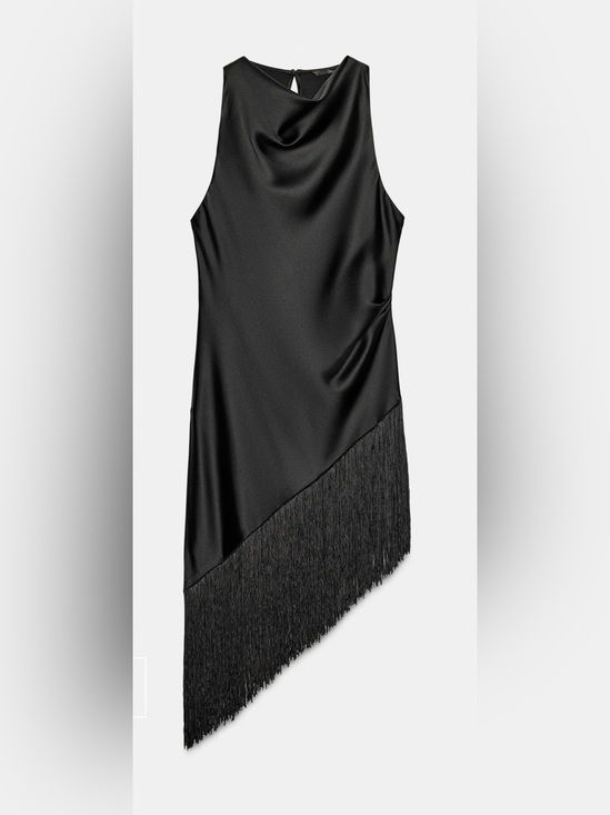 Zara Dresses & Skirts - Black Satin Fringe Asymmetric Slip Dress